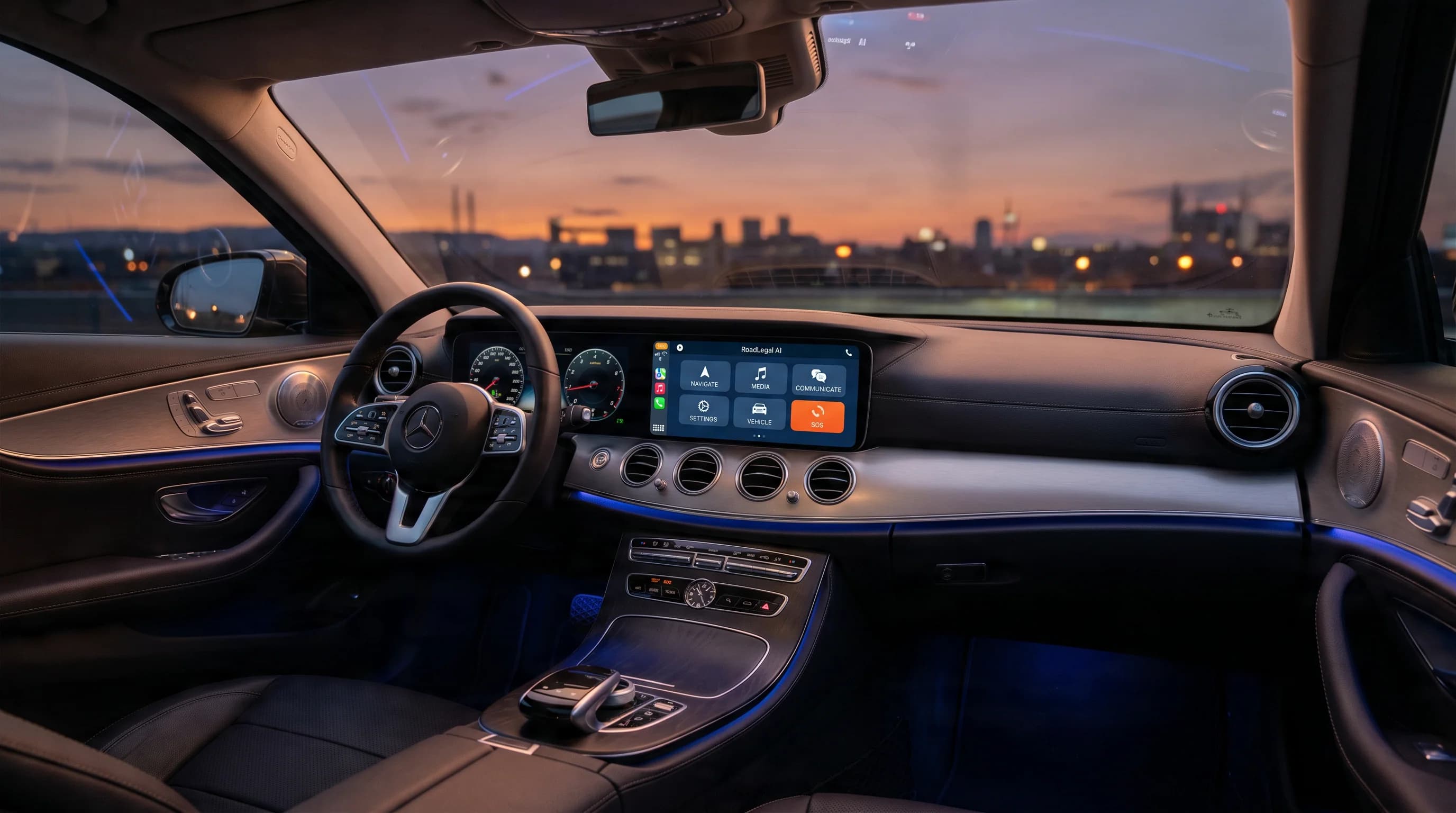 RoadLegal AI in Apple CarPlay on a premium European luxury car